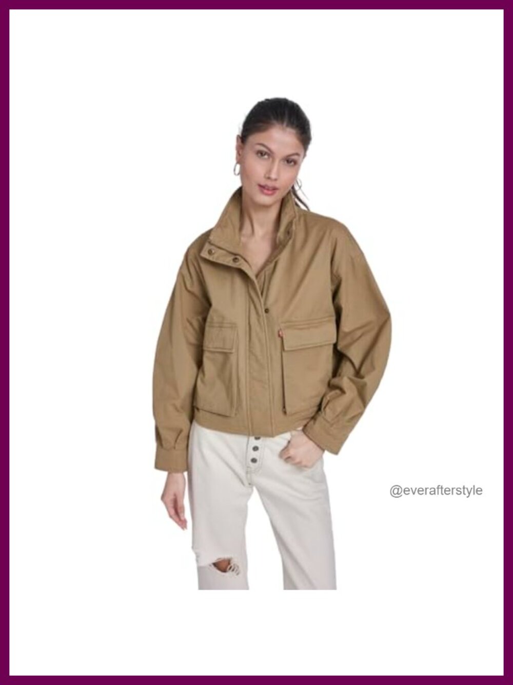 Cropped Cotton Surplus Jacket Stand Collar Zip Snap Pockets